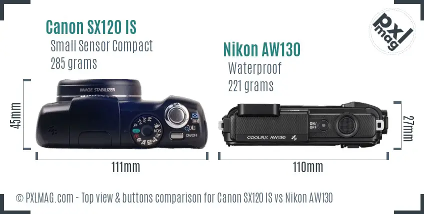 Canon SX120 IS vs Nikon AW130 top view buttons comparison