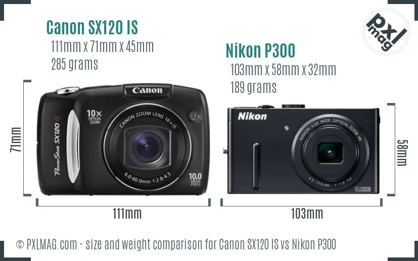 Canon SX120 IS vs Nikon P300 size comparison