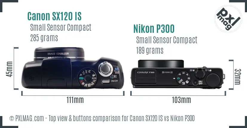 Canon SX120 IS vs Nikon P300 top view buttons comparison
