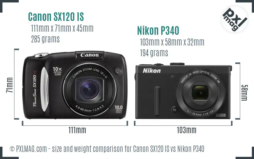 Canon SX120 IS vs Nikon P340 size comparison