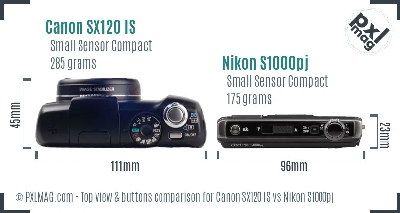 Canon SX120 IS vs Nikon S1000pj top view buttons comparison