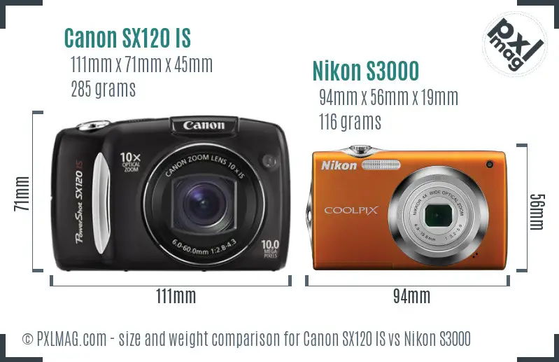Canon SX120 IS vs Nikon S3000 size comparison