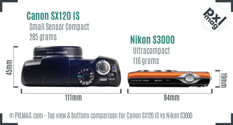 Canon SX120 IS vs Nikon S3000 top view buttons comparison