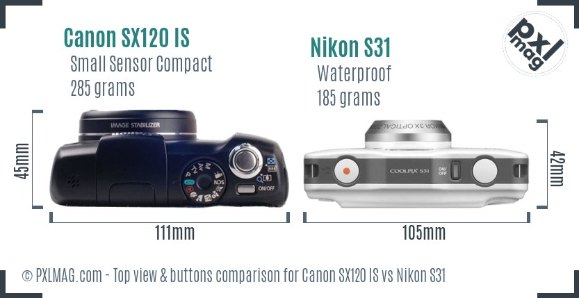 Canon SX120 IS vs Nikon S31 top view buttons comparison