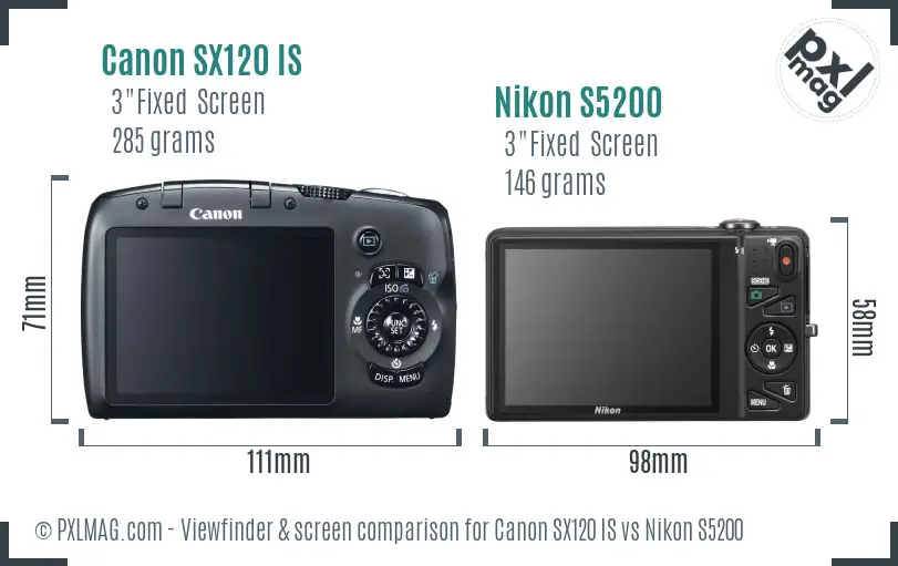 Canon SX120 IS vs Nikon S5200 Screen and Viewfinder comparison