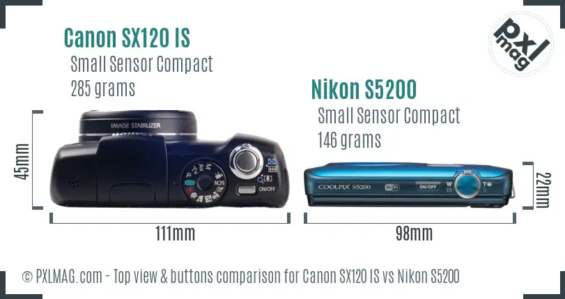 Canon SX120 IS vs Nikon S5200 top view buttons comparison