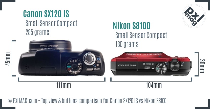 Canon SX120 IS vs Nikon S8100 top view buttons comparison