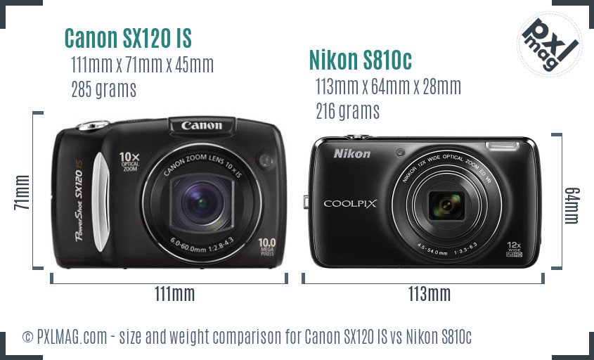 Canon SX120 IS vs Nikon S810c size comparison