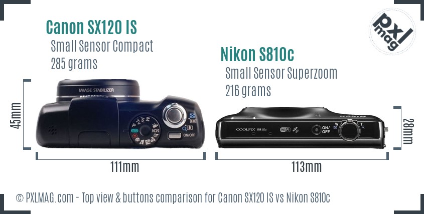 Canon SX120 IS vs Nikon S810c top view buttons comparison