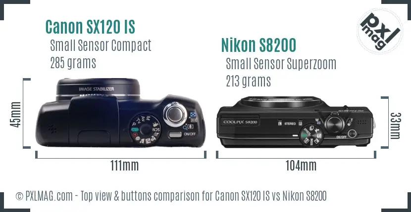 Canon SX120 IS vs Nikon S8200 top view buttons comparison Canon SX120 IS vs Nikon S8200 top view buttons comparison