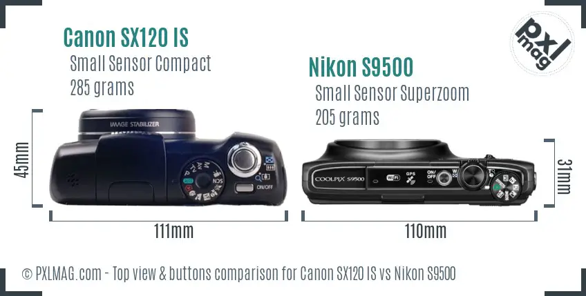 Canon SX120 IS vs Nikon S9500 top view buttons comparison Canon SX120 IS vs Nikon S9500 top view buttons comparison