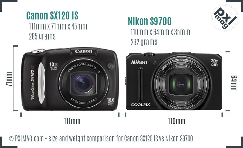 Canon SX120 IS vs Nikon S9700 size comparison