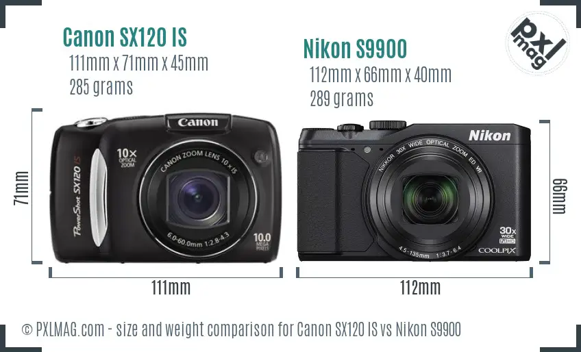 Canon SX120 IS vs Nikon S9900 size comparison