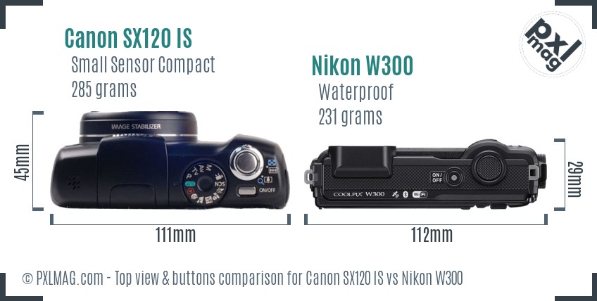 Canon SX120 IS vs Nikon W300 top view buttons comparison