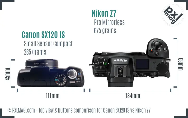 Canon SX120 IS vs Nikon Z7 top view buttons comparison