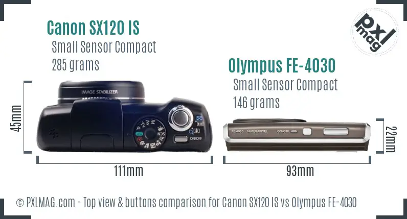 Canon SX120 IS vs Olympus FE-4030 top view buttons comparison Canon SX120 IS vs Olympus FE-4030 top view buttons comparison