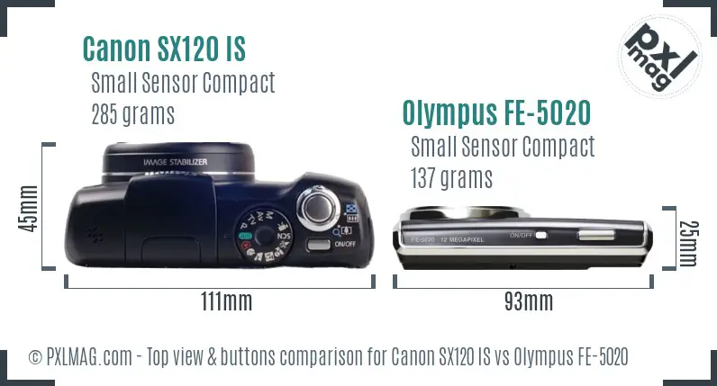 Canon SX120 IS vs Olympus FE-5020 top view buttons comparison Canon SX120 IS vs Olympus FE-5020 top view buttons comparison