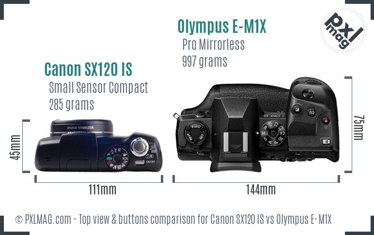 Canon SX120 IS vs Olympus E-M1X top view buttons comparison