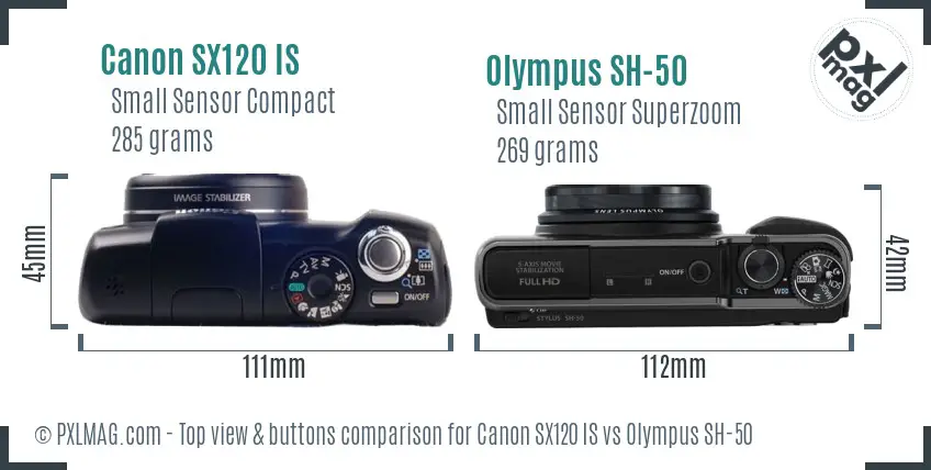 Canon SX120 IS vs Olympus SH-50 top view buttons comparison