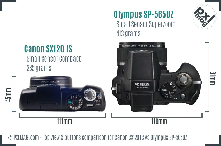 Canon SX120 IS vs Olympus SP-565UZ top view buttons comparison
