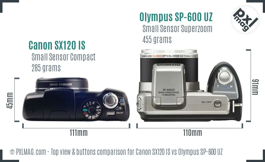 Canon SX120 IS vs Olympus SP-600 UZ top view buttons comparison
