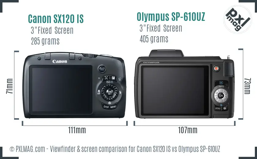 Canon SX120 IS vs Olympus SP-610UZ Screen and Viewfinder comparison