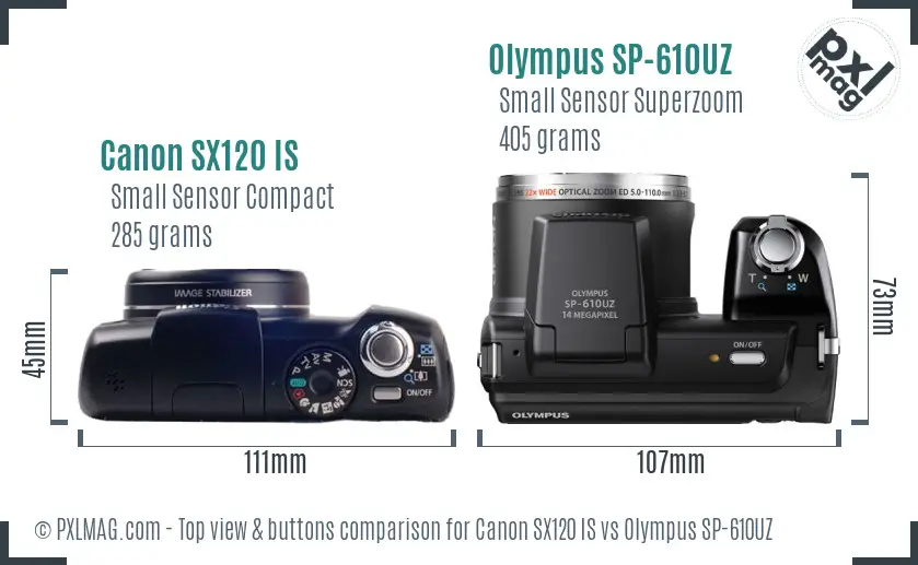 Canon SX120 IS vs Olympus SP-610UZ top view buttons comparison