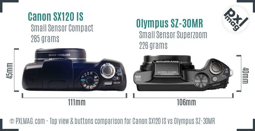 Canon SX120 IS vs Olympus SZ-30MR top view buttons comparison