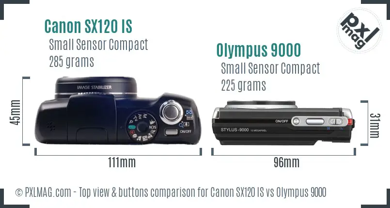 Canon SX120 IS vs Olympus 9000 top view buttons comparison Canon SX120 IS vs Olympus 9000 top view buttons comparison