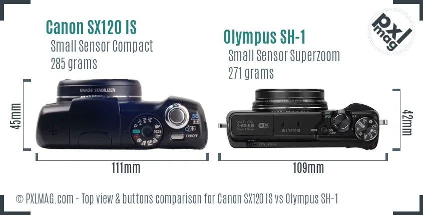 Canon SX120 IS vs Olympus SH-1 top view buttons comparison Canon SX120 IS vs Olympus SH-1 top view buttons comparison