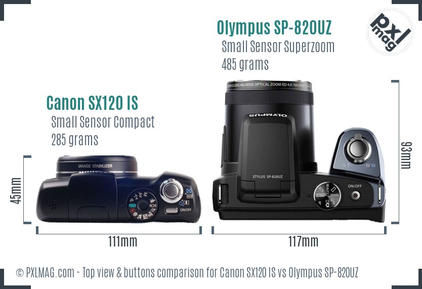 Canon SX120 IS vs Olympus SP-820UZ top view buttons comparison