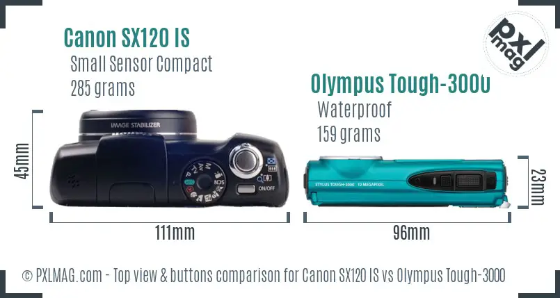 Canon SX120 IS vs Olympus Tough-3000 top view buttons comparison Canon SX120 IS vs Olympus Tough-3000 top view buttons comparison