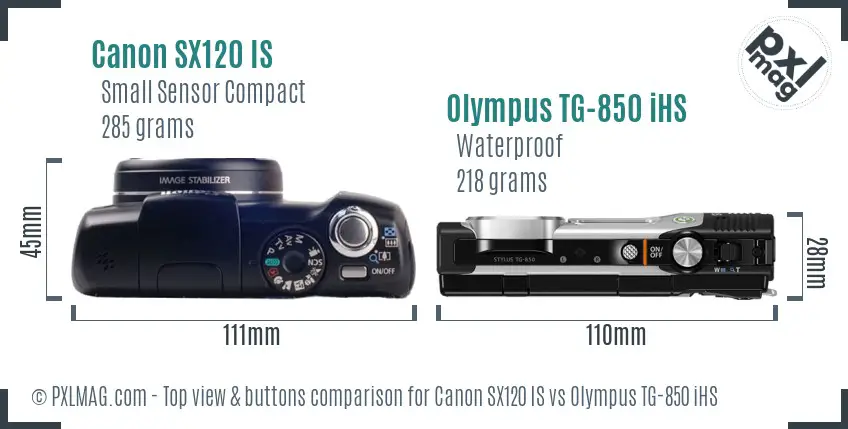 Canon SX120 IS vs Olympus TG-850 iHS top view buttons comparison Canon SX120 IS vs Olympus TG-850 iHS top view buttons comparison