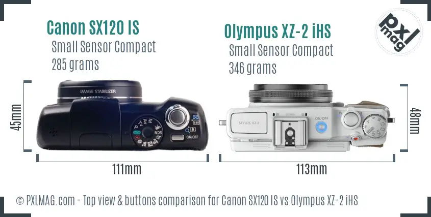 Canon SX120 IS vs Olympus XZ-2 iHS top view buttons comparison