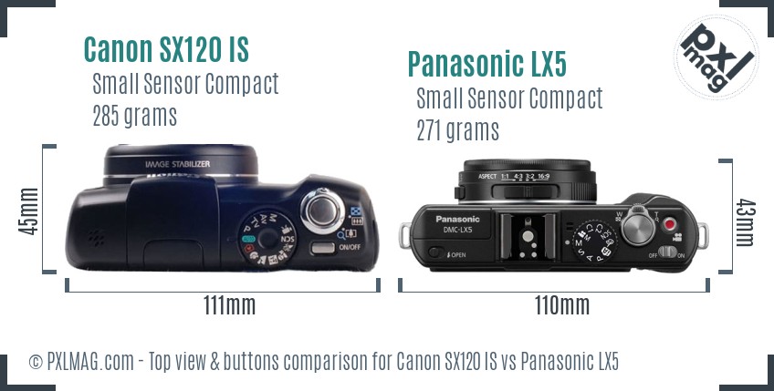 Canon SX120 IS vs Panasonic LX5 top view buttons comparison