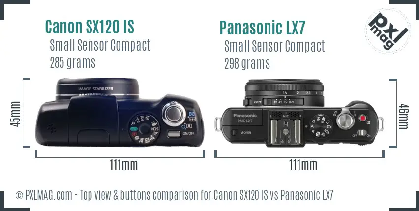 Canon SX120 IS vs Panasonic LX7 top view buttons comparison