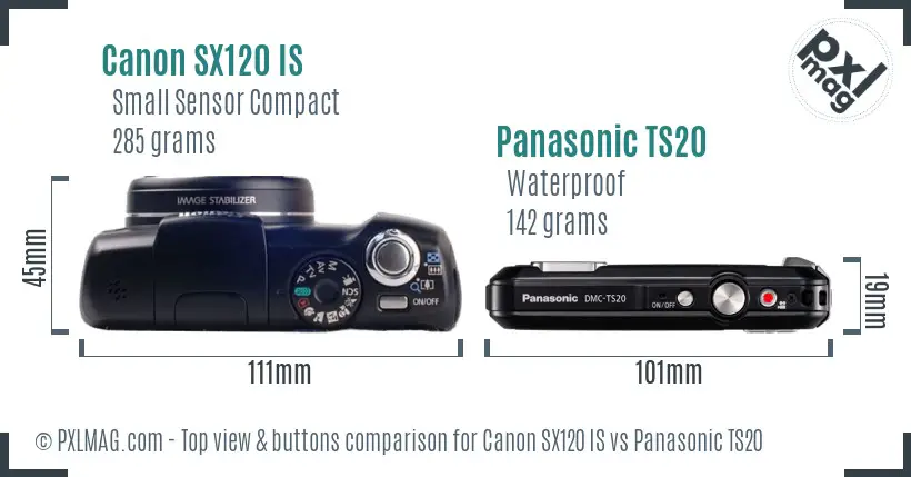 Canon SX120 IS vs Panasonic TS20 top view buttons comparison
