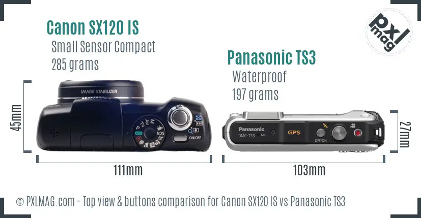 Canon SX120 IS vs Panasonic TS3 top view buttons comparison Canon SX120 IS vs Panasonic TS3 top view buttons comparison