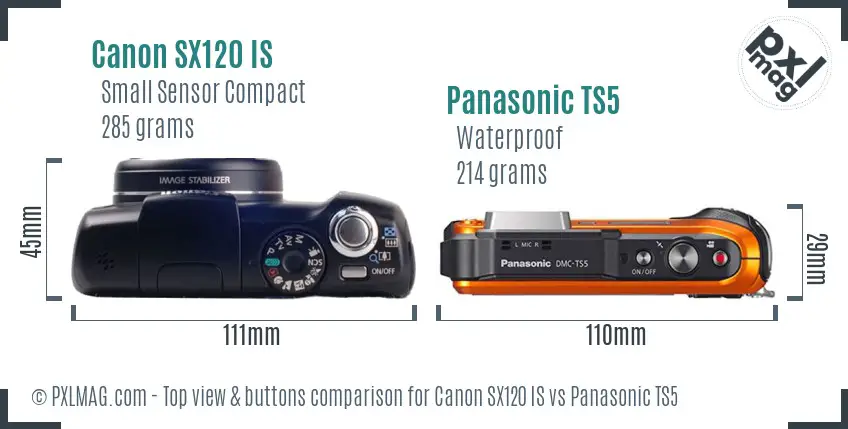 Canon SX120 IS vs Panasonic TS5 top view buttons comparison