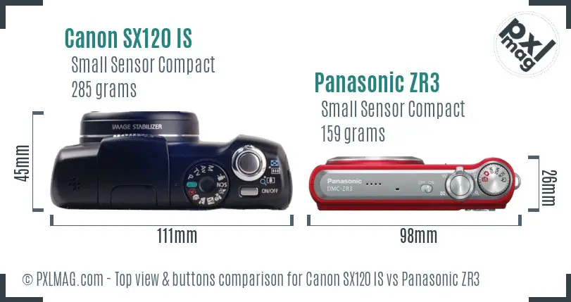 Canon SX120 IS vs Panasonic ZR3 top view buttons comparison
