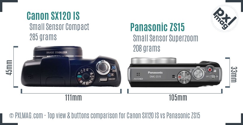 Canon SX120 IS vs Panasonic ZS15 top view buttons comparison