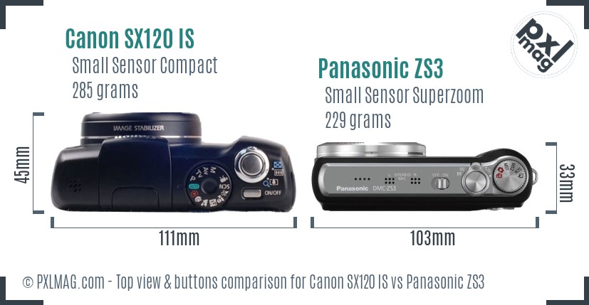 Canon SX120 IS vs Panasonic ZS3 top view buttons comparison