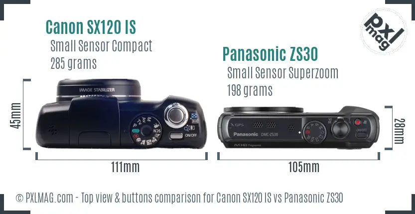 Canon SX120 IS vs Panasonic ZS30 top view buttons comparison Canon SX120 IS vs Panasonic ZS30 top view buttons comparison