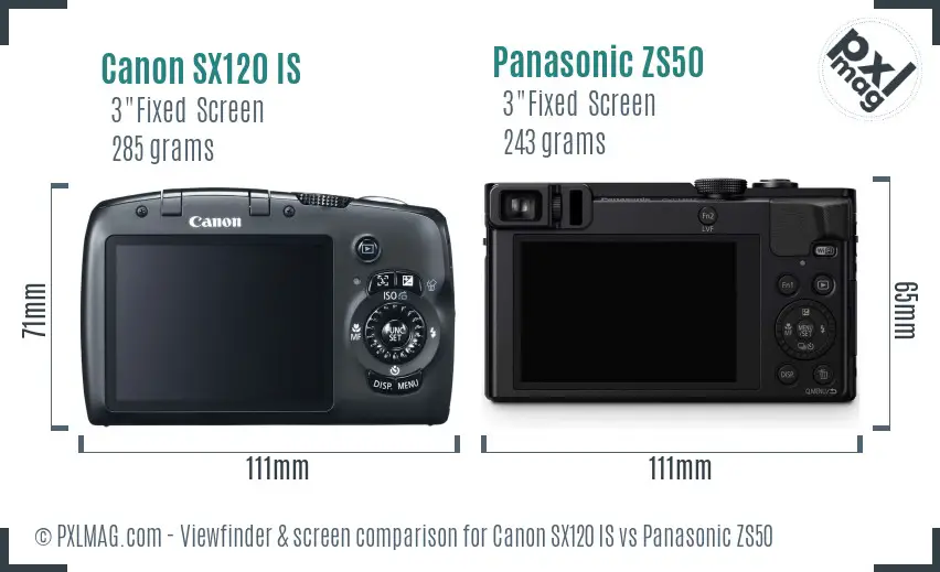 Canon SX120 IS vs Panasonic ZS50 Screen and Viewfinder comparison
