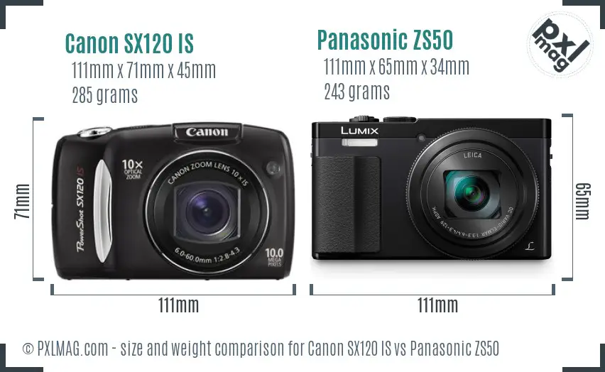Canon SX120 IS vs Panasonic ZS50 size comparison