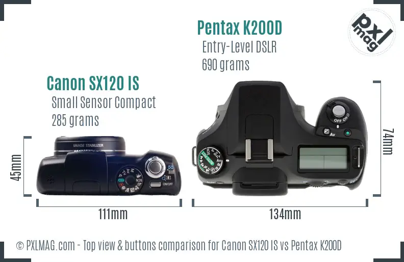 Canon SX120 IS vs Pentax K200D top view buttons comparison