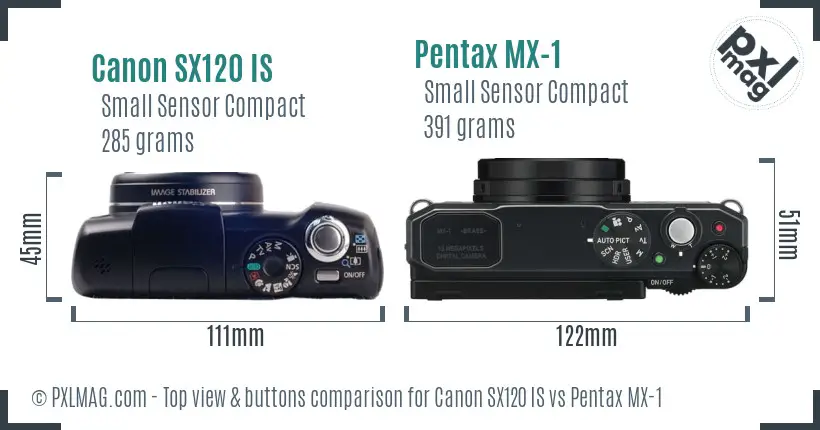 Canon SX120 IS vs Pentax MX-1 top view buttons comparison