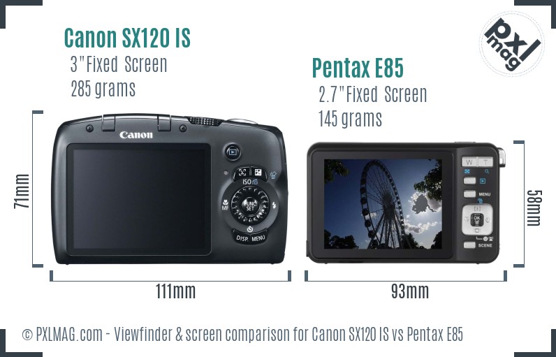 Canon SX120 IS vs Pentax E85 Screen and Viewfinder comparison