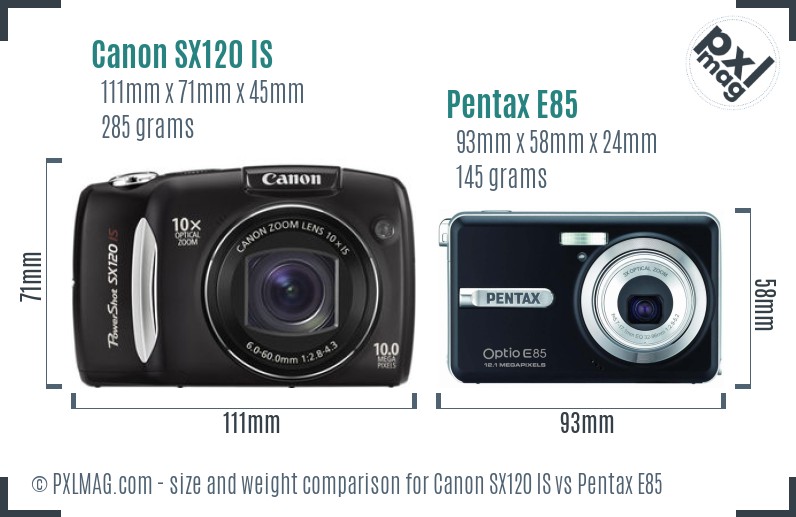 Canon SX120 IS vs Pentax E85 size comparison
