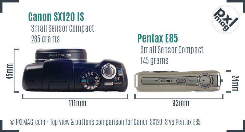 Canon SX120 IS vs Pentax E85 top view buttons comparison